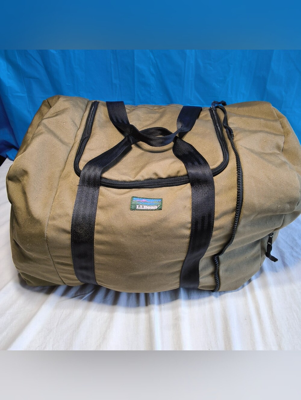 Vintage L.L. Bean Brown Canvas Duffle Bags Weekender Travel Gear Retro Blue Logo - Picture 4 of 16